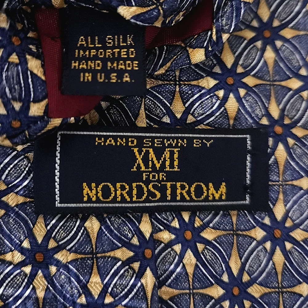 NORDSTOM XMI Silk Tie Blue Gold Geometric Diamond Hand Sewn 57